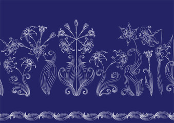 Narcissus. Imitation of traditional Japanese embroidery Sashiko. Spring flowers. Seamless pattern, background. Vector illustration. On navy blue background..