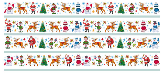 Fototapeta na wymiar Christmas ornaments. Winter holiday repeating border, seamless pattern. Christmas greeting ornament icons element banner. Holiday. Christmas garland. Border frame for Christmas and New Year cards.