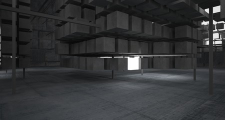 Abstract architectural concrete interior from an array of white cubes with neon lighting. 3D illustration and rendering.