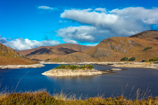 Loch Monar is a freshwater loch situated at the head of Glen Strathfarrar, Highlands, Scotland, UK.  Horizontal.  Space for copy
