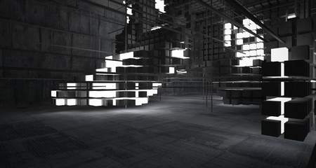 Abstract architectural concrete interior from an array of white cubes with neon lighting. 3D illustration and rendering.