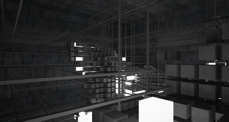 Abstract architectural concrete interior from an array of white cubes with neon lighting. 3D illustration and rendering.