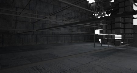 Abstract architectural concrete interior from an array of white cubes with neon lighting. 3D illustration and rendering.