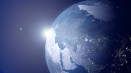 Fermez la planète Terre de jour comme de nuit depuis l& 39 espace extra-atmosphérique. Pôle Nord et continent asiatique avec les lumières de la ville. Rendu 3D haute résolution. Images satellites, agences spatiales, Jour de la Terre, Concept de civilisati