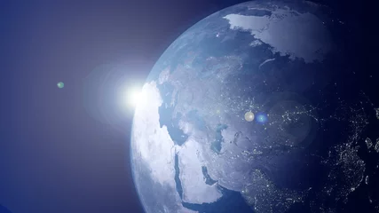 Papier Peint photo autocollant Pleine Lune arbre Fermez la planète Terre de jour comme de nuit depuis l& 39 espace extra-atmosphérique. Pôle Nord et continent asiatique avec les lumières de la ville. Rendu 3D haute résolution. Images satellites, agences spatiales, Jour de la Terre, Concept de civilisati