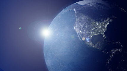 CloseUp North America View from Space. Day Night Background. Image shows Pacific Ocean, Canada, United States and Mexico with city lights. Satellite Imagery. Earth Planet glob map Render 3d HD picture - obrazy, fototapety, plakaty