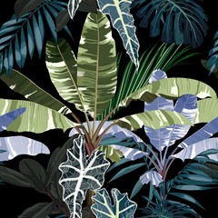 Tropical vintage night plants, palm trees, banana tree floral seamless pattern black background. Exotic jungle wallpaper.