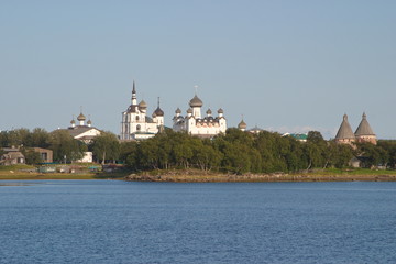 Cathedrals and towers of Solovetsky monastery on the White sea Island. Russia