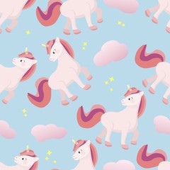 Cute pattern with unicorn and clouds. 