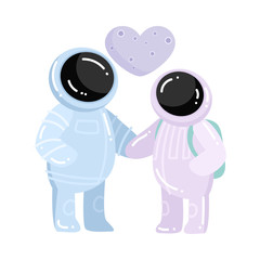 Female and male astronauts in love holding hands vector illustration
