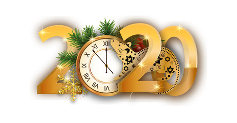 Happy New Year 2020. Year of the rat. Numbers with golden clock, branches Christmas tree isolated on white background. Vector