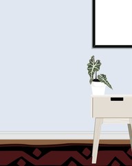 Interior design poster with night table and indoor plants. Vector Flat illustration.