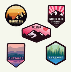 Set Of Mountain Logo Outdoor Adventure, Badges, Banners, Emblem For Mountain, Hiking, Camping, Expedition And Outdoor Adventure. Exploring Nature.