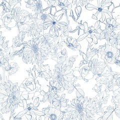 Dahlia. Seamless pattern of many kind of line flowers and leaves. Floral vintage blue background.