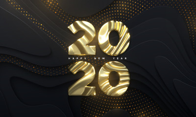 Happy New Year 2020. Holiday NYE event sign. Vector 3d illustration. Golden characters 2020 with wavy sculpted pattern. Black papercut background. Backdrop with glitters. Festive banner design