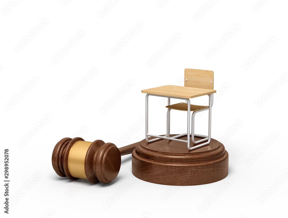 Poster 3d rendering of small single seat desk standing on brown sound block with gavel lying beside block.