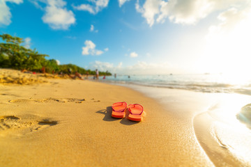 Pink flip flops on Le Souffleur beach in Guadeloupe