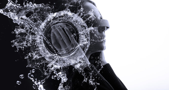 Black and white portrait of woman with flowing hair in headphones listening music with closed eyes. Double exposure of female face, clock, splash water. Digital art. Free space for text.