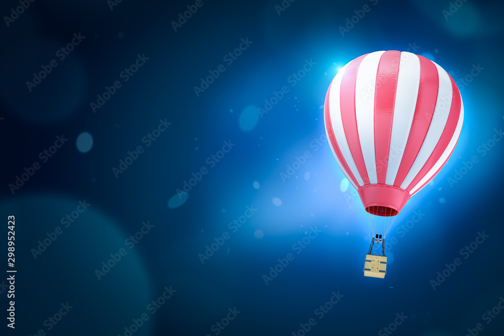 Poster 3d rendering of striped red and white hot air balloon on blue gradient bokeh background with copy sp