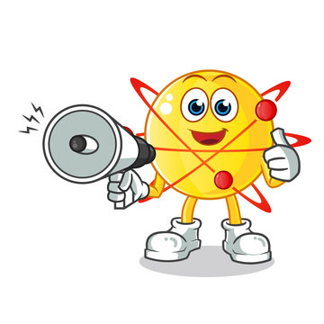 Atom Hold Handy Loudspeaker Mascot Vector Cartoon Illustration