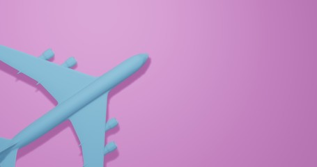 Toy passenger jet aircraft of blue color. Airplane from plastic with copy space on a pink background. 3d illustration.