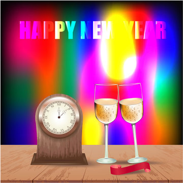 Happy New Year banner with table clock, champagne glasses and ribbon on a wooden table