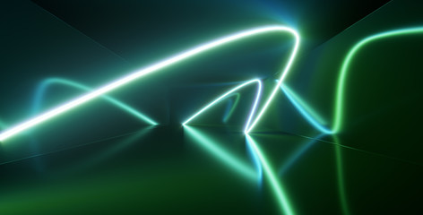 Neon lights, glowing lines, ultraviolet, vibrant colors, abstract background. 3D illustration. 