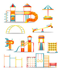 Set of various kid's playground equipment. Vector illustration in flat cartoon style.