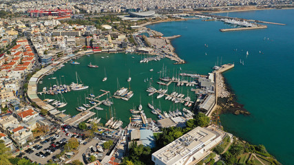 Aerial drone bird's eye view panoramic photo of iconic round shaped picturesque port of Mikrolimano...