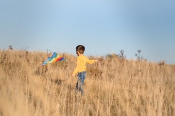 Little boy with kite flying over his head