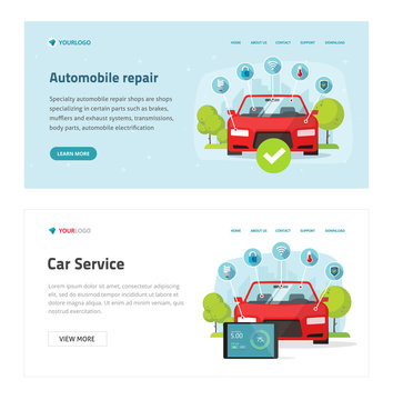 Automobile Diagnostic Or Car Test Service Web Site Template Vector, Flat Cartoon Vehicle And Electronic Diagnostics Tools Landing Page Banner, Workshop Or Repair Maintenance Station Modern Design