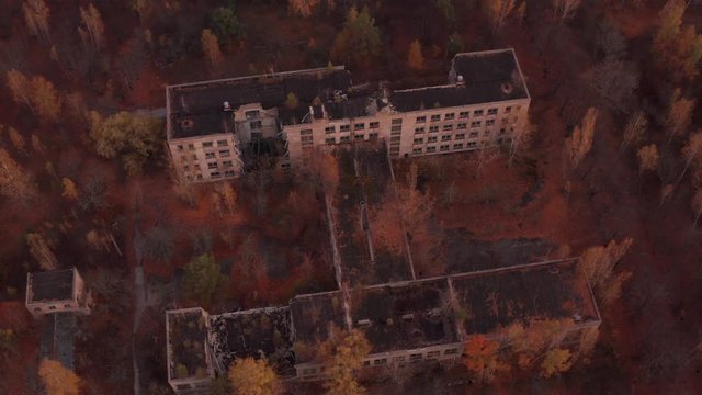 Pripyat, UKRAINE - October 2019: abandoned house and school in the ghost town of Pripyat after the Chernobyl disaster at the nuclear power plant. Bird's-eye