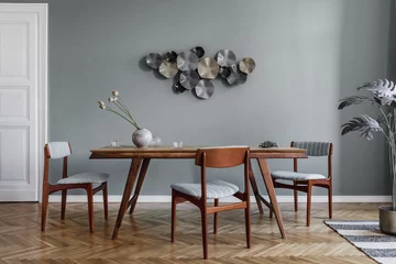 Fotobehang Hotel chique Modern dining room interior with glamour wooden table , stylish chairs and design decoration. Template. Home decor.   © FollowTheFlow