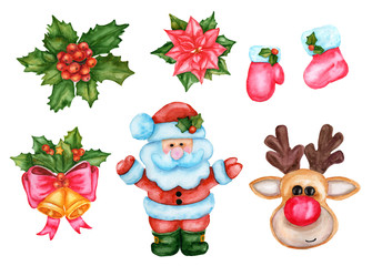 New Year set with a Christmas tree, poinsettia, holly, bells, Santa Claus, deer, celebration sock, glove. Watercolor hand painting illustration isolated on white background.