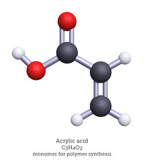 Molecular model of acrylic acid, a precursor for polymer synthesis