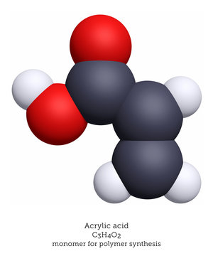 Molecular model of acrylic acid, a precursor for polymer synthesis