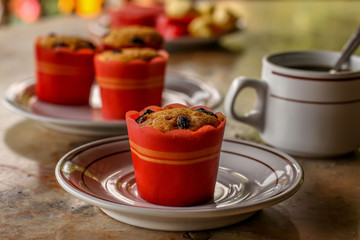 Sweet muffins, coffee and fruits - a traditional breakfast at a hotel on the island of Bali in Indonesia