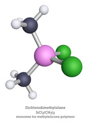 Molecular model of dichlorodimethylsilane, a precursor to methylsilicone polymers