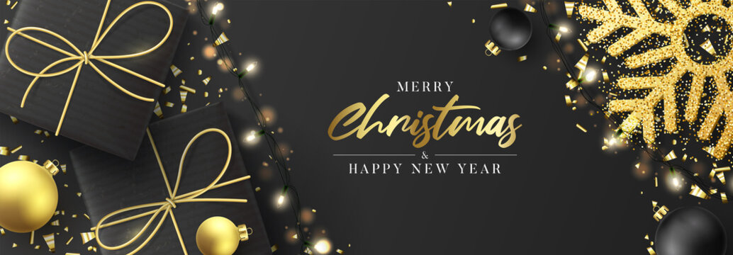 Christmas and New Year horizontal banner. Festive background with realistic black gift boxes, gold snowflake and sparkling light garlands. Vector illustration with Christmas balls and confetti.