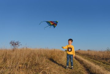 Happy child playing with a kite while running on meadow, sunset, in summer day. Funny time with family. Little boy launch a kite.