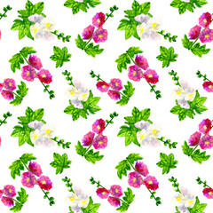 Pink purple mallow with leaves. White mallow. Seamless pattern. Hand drawn watercolor illustration. Texture for print, fabric, textile, wallpaper.