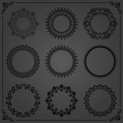 Vintage set of round elements. Different elements for decoration and design frames, cards, menus, backgrounds and monograms. Classic dark patterns. Set of vintage patterns