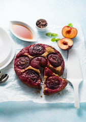 vegan cake with fresh plums and maple syrup. gluten free and refined sugar free. paleo
