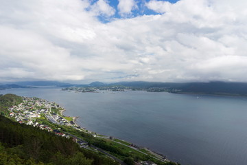 Beautiful coastal city Alesund, view from the mountain Sukkertoppen.