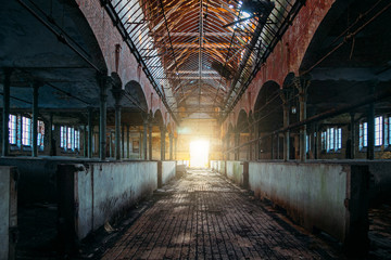 Inside old abandoned German stable or barn with horse boxes