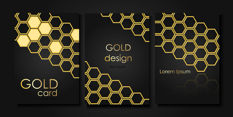 Invitation templates in gold style. Golden honeycombs on a black background.