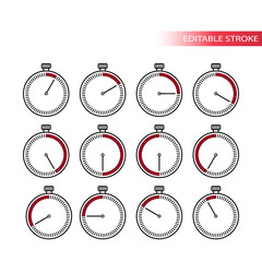 Timer dial clock thin line vector icon set. Stopwatch with minutes digit signs set.