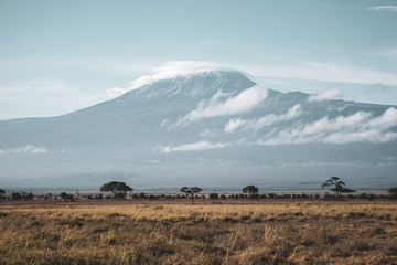 Beautiful view of the majestic Mount Kilimanjaro seen from Amboseli National Park, Kenya. Slightly cloudy day, barren landscape in the foreground. Slightly toned down colours. 