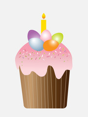 easter cupcake with eggs and candle. illustration for greeting card. Recipe picture and packaging desing. Digital drawn.