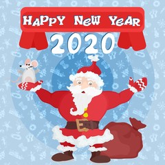 Happy New Year. Santa Claus and mouse on a card
